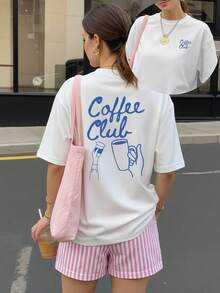 Coffee Club 印花宽松夏季女式短袖上衣，休闲服饰，夏季T恤，夏季衬衫，图案T恤，中国新年，农历新年，马年，春节，新年快乐，情人节，情人节礼物，送给她的礼物
