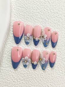 10片极简花卉图案美甲贴纸，手工美甲套装，香槟钻石美甲装饰，蓝色凝胶美甲，三种尺寸可选：杏仁形、鸭嘴形、棺材形，包含工具包，适合女性和女孩，适合派对、活动、日常佩戴，手工按压式美甲贴片 - 彩色 - 查看 19