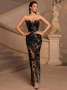 优雅无肩带高腰露背系带鸡尾酒会、约会之夜、舞会、宴会和正式场合礼服（花卉图案随机分布） - 黑色 - 查看 3