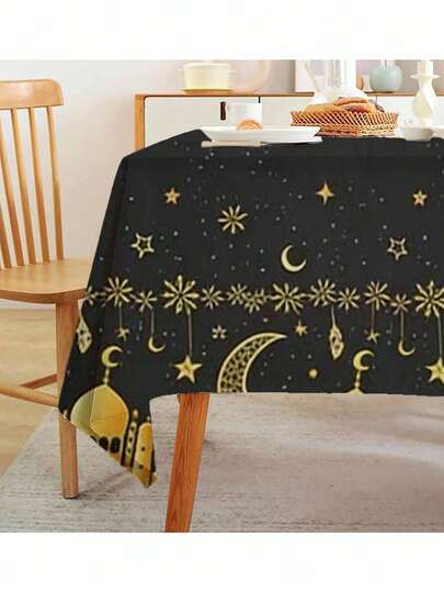1pc Moon Castle Star Black & Gold Tablecloth, Machine Made, Suitable For Eid And Ramadan Celebrations