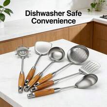 [Saudi Kitchen Essential] 6-Piece Stainless Steel Cooking Set (Including Spatula, Ladle, Etc.) | Ergonomic Wooden Handle | Dishwasher | Holiday Gift | Home Storage - Multicolor - View 4