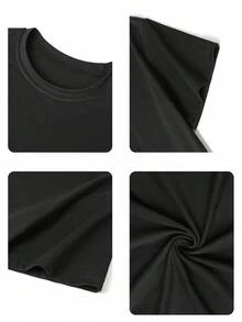 Camiseta de manga corta negra con cuello redondo y estampado casual para estudiantes de escuela de chicas y adolescentes, top de verano - Negro - Ver 5