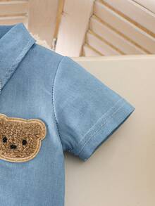 Infant Toddler Unisex Summer Outdoor Party Denim Cute Cartoon Bear Embroidered Short Sleeve Romper + Bib Pants 2pcs Set - Camel - View 5