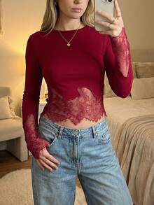 Blusa de encaje con cuello redondo y manga larga para mujer, corte ajustado, para fiesta, primavera y verano - Rojo - Ver 3