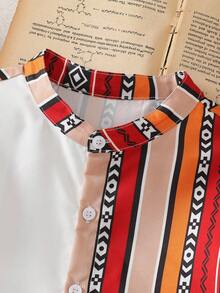 两件套男童斋月图案拼接短袖衬衫配短裤，休闲日常装 - 亮橙色 - 查看 3