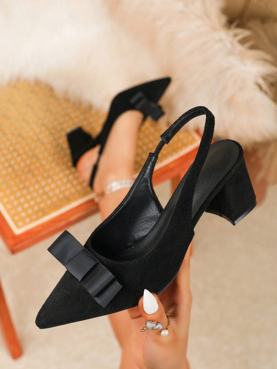 春季新款时尚女士尖头婚鞋，粗跟黑色蝴蝶结休闲舒适高跟鞋 - 黑色 - 查看 1