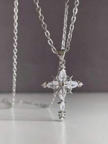 1pc Fashion Cross Pendant Necklace, Suitable For Women's Daily Wear - Silver - View 9