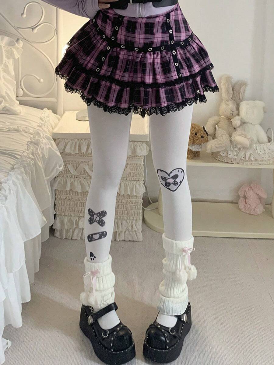 1双女士爱心印花连裤袜，个性十足，时尚北欧风，舒适简约，可爱丝绒长筒袜，洛丽塔风格 - 彩色 - 查看 1