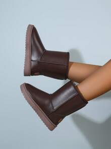 1 Pair Thick Plush Tall Boots, Thick Sole Versatile Women Slip-On Mid-Calf Boots - Brown - View 4