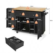 Kitchen Island With Fold-Down Worktop, Equipped With 5 Lockable Casters, Door Shelf, Wine Rack And Glass Holder, White, 120 X 45(70) X 89 Cm - 黑色 - 查看 3
