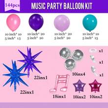 144件套音乐猎人KPOP主题气球拱门套装，包含爆裂星、迪斯科星、星形和音符铝箔气球，以及浅粉色、深紫色、浅紫色和蓝色乳胶气球。适用于生日派对、舞会装饰、单身派对和迪斯科主题活动。 - 彩色 - 查看 3