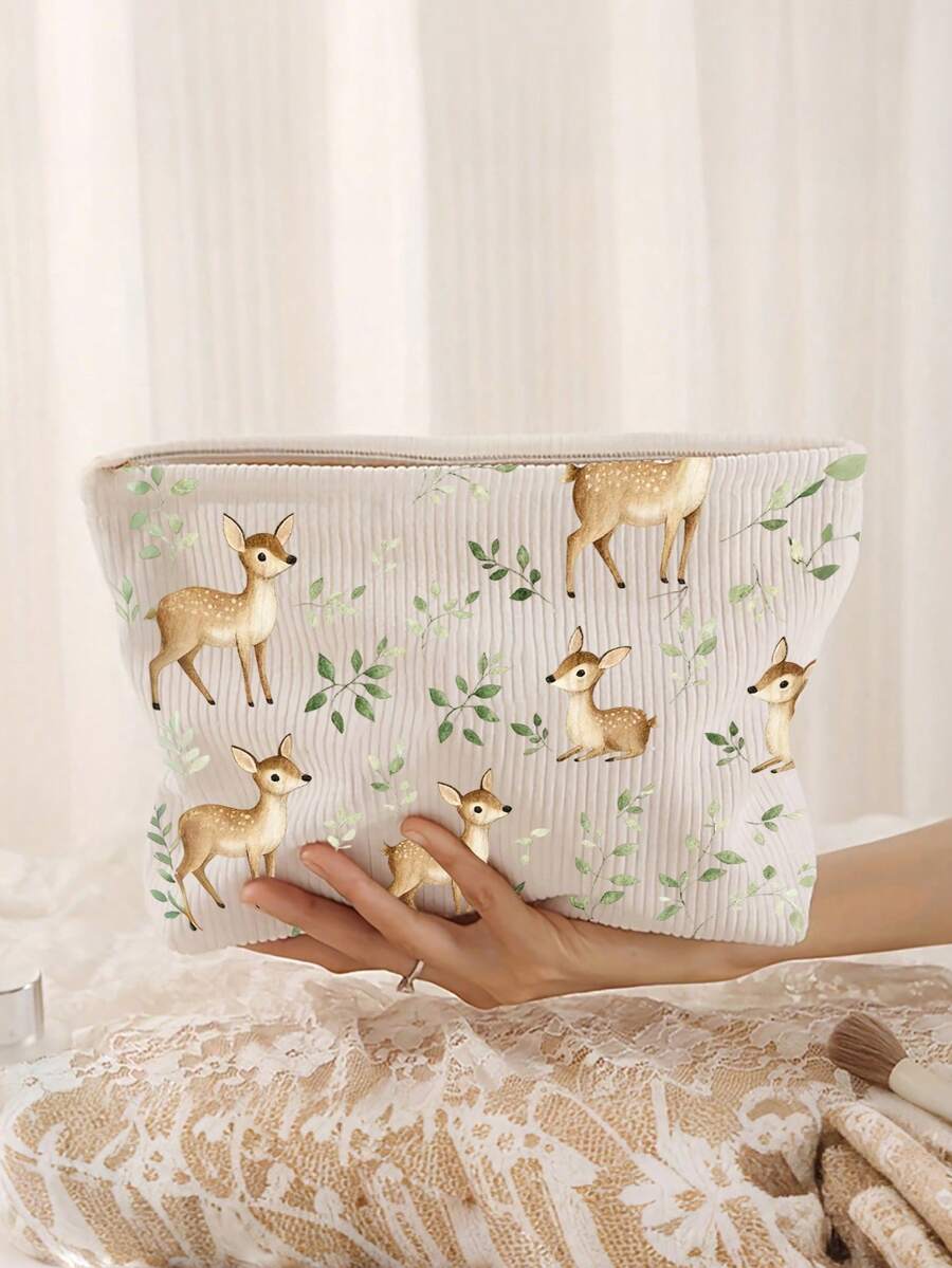 Sac cosmétique thème cerf et feuille - Motif cerf et feuille, pochette zippée en polyester, organisateur de toilette de voyage, sac zippé léger, cadeau parfait pour les amateurs de beauté, sœurs, étudiants et adultes, sac à maquillage à motif aléatoire - Voir 1
