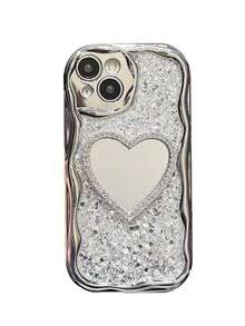 情人节Y2K奢华亮片波浪电镀闪亮镜面3D爱心狗狗硅胶手机壳，兼容 14/15/13/12 Pro Max/14/15 Plus/11，防震边框和防刮后盖 - 愛心鏡 - 查看 3