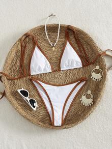 Bộ bikini 2 mảnh dành cho nữ với viền phối màu tương phản mới, có dây đeo vai điều chỉnh được, thích hợp cho kỳ nghỉ hè ở bãi biển, tiệc bãi biển gợi cảm và trang phục thường ngày. - trắng - Xem 2