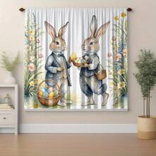 2 piezas Cortinas con estampado de huevos de Pascua en estilo acuarela que presentan un conejo con traje y patrones florales. Estampado plano, tela transparente, perfecta para la decoración del hogar en Pascua/primavera. Adecuada para dormitorios, salas de estar y ventanas del comedor. - Multicolor - Ver 9