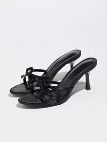 Sandalias de tacón de aguja para mujer, sandalias de verano transpirables tipo mule, sandalias casuales y elegantes con lazo, de punta abierta, cómodas y de tacón alto en color negro - Negro - Ver 4