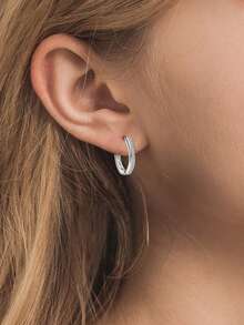 925 Sterling Silver Cubic Zirconia Hoop Earrings, Simple & Hypoallergenic Fashion Earrings For Daily Wear, Birthday Gift - Silver - View 2