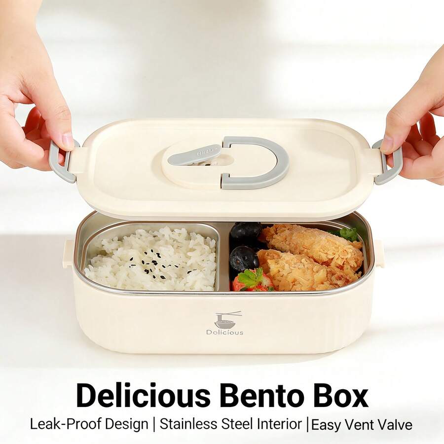 Rectangular Bento Box, Two-Compartment Insulated Lunch Box, Student Lunch Box, 304 Stainless Steel, Vacuum Insulated, Keeps Food Warm For 12 Hours, Microwave , Leak-Proof And Portable - White - View 1