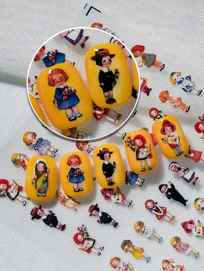1pc Retro Nostalgic Doll Style Nail Art Sticker, Featuring Vintage Cartoon Doll Characters Wearing Various Dresses And Accessories, Creating A Warm And Nostalgic Childhood Atmosphere, Suitable For Personal DIY And Nail Art Decoration.
