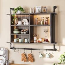 LED 4-Tier Industrial Pipe Floating Shelf 8 S-Hooks Wall Shelves For Kitchen Living Room Storage Cabinet - Dark Grey - View 1