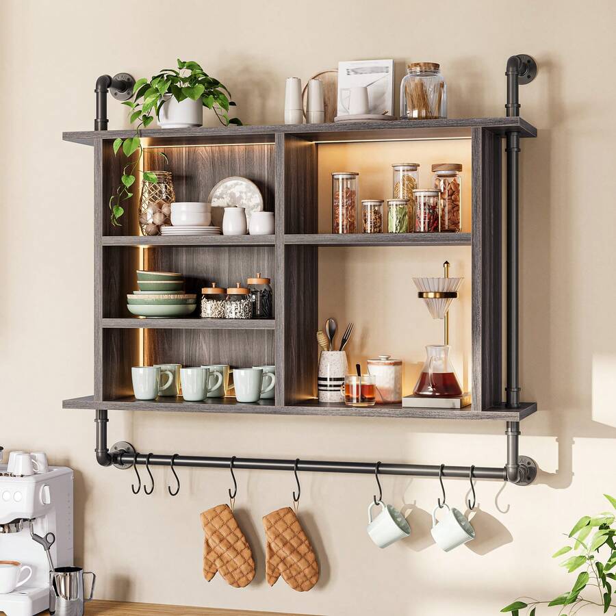 LED 4-Tier Industrial Pipe Floating Shelf 8 S-Hooks Wall Shelves For Kitchen Living Room Storage Cabinet - Dark Grey - View 1