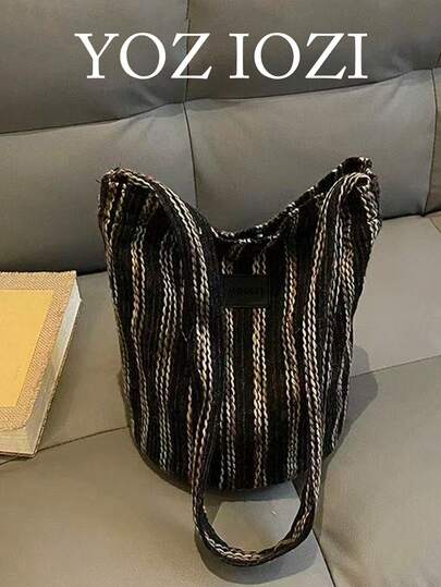 Colorful Woven Striped Single Strap Crossbody Bucket Bag, Minimalist & Fashionable Design For Commuting, Casual Outings, Daily Shopping, Chic & Versatile