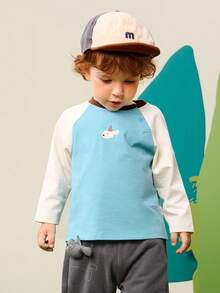 mini bala Baby Boy Contrast Raglan Sleeve Cartoon Print Top - Gray Blue - View 3