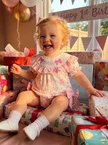 Infant Baby Girl Birthday Romper Letter Embroidery Bow Print Short Sleeve Ruffled Round Neck Bodysuit - Pink - View 5