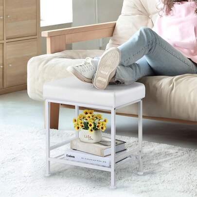 Storage Vanity Stool - Adjustable Square Ottoman With Leather, White