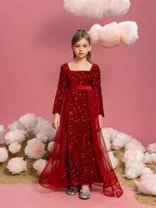 ALISA&LEO Tween Girl's Sequined Mermaid Formal Dress With Mesh Insert At Waist - Red - View 1