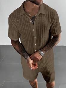 GloMan Men's Casual Holiday 2-Piece Set, Quality Striped Textured Solid Color Polo Shirt And Drawstring Waist Shorts Set, Lace Sheer Suitable For Summer, Suitable For Couple Dates, Suitable For Valentine's Day Gift - Brown - View 3