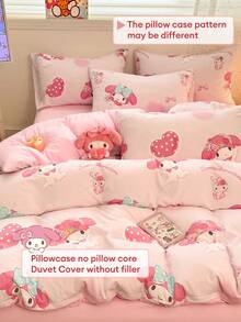 Sanrio Cute Print 3pcs Bedding Set - My Melody(1pc Duvet Cover + 2pcs Pillowcase, No Filling) Cartoon Full Size, Soft & Comfortable, Suitable For Dorm, Home Bedroom, Hotel, All Seasons, With Zipper Closure And Pillowcase, Multi-Color , Oversized Bedding, Oversized Duvet Cover Set