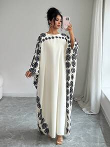 Middle Eastern Bohemian Style Modest Floral Print Vacation Beach Arabic Dress - White - View 5