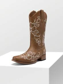 Women's Western Cowboy Embroidered Mid Calf Boots Square Toe  Chunky Low Heel For Country Music Festivals Theme Party And Concert All-Season Brown Boots - màu nâu - Xem 7