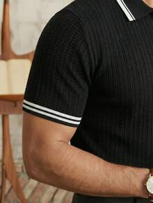 男士休闲百搭撞色滚边短袖针织上衣 - 黑色 - 查看 5