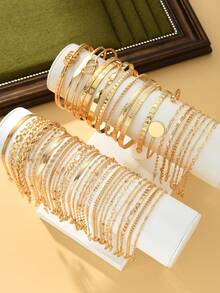 30/25/15/10pcs Geometric Rhinestone Bangle & Bracelet Set, Bling Bling Sparkling Heart, Star, Twist, Round, Snake Chain, Box Chain, Metal Design, Fashion, Elegant, Vintage, Suitable For Holiday, Party, Gift, Daily Wear - Yellow Gold - View 4