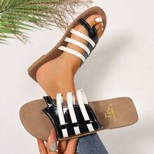 女士黑白拼接休闲沙滩凉鞋，百搭平底拖鞋 - 黑與白 - 查看 2