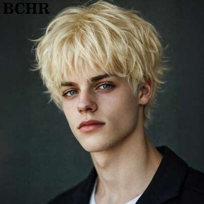 发套 + 男士短款金色假发 金色角色扮演假发 浅金色假发 吉尔伽美什金色角色扮演假发 万圣节圣诞节活动服装 短款金色假发 派对