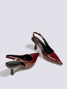 7厘米酒红色尖头高跟凉鞋，露跟露跟派对礼服鞋，婚礼正式鞋 - 酒紅色 - 查看 4
