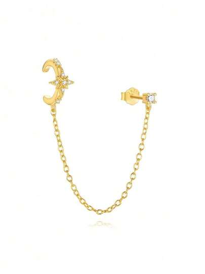 1pc S925 Sterling Silver Minimalist Personalized Star Tassel Earrings, Elegant Zirconia Inlaid Fashion Versatile Jewelry Gift For Women