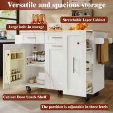 Modern Kitchen Island Table, Kitchen Cabinet, Self-Service Cabinet, Grained Wood Dining Cart, Multifunctional Dining Table With Storage Space, Dining Cart With Snack Holder And Extendable Functional Cabinet, White - White - View 5