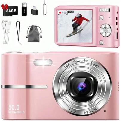 Cámara Digital,Cámara Digital para Niños FHD 1080P 50MP Vlogging con Tarjeta 64GB,Pantalla IPS de 2.4'',Zoom 16X,Anti-Shake y Disparo Continuo Camara Fotografica Digicam Regalo para Niñas (Rosa),39172245