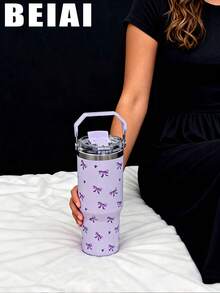 1pc 900ml Cute Bow Pattern Double Wall Stainless Steel Insulated Tumbler, Flat Bottom Cup, Coffee Cup, Car Cup, Cup, Water Bottle, Outdoor Water Bottle, Tea Cup, Vacuum Bottle, With Drinking Spout And Straw Design, Suitable For Outdoor, Office, Home, School, Car, Gym, Travel, Birthday Gift, Holiday Gift, Mother's Day Gift, Father's Day Gift, Back To School, Valentine's Day Gift - Multicolor - View 7