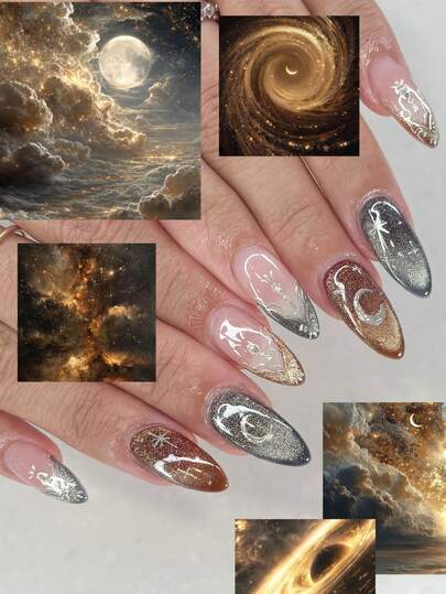 24pcs Cat Eyes Acrylic Press On Nails French Tip Press On Nails Medium Almond Decoration Sliver Moon Star Design Minimalist Y2K Elegant Style Surface Glossy Full Cover Fake Nails For Women And Girls Daily Wear Nail Supplies