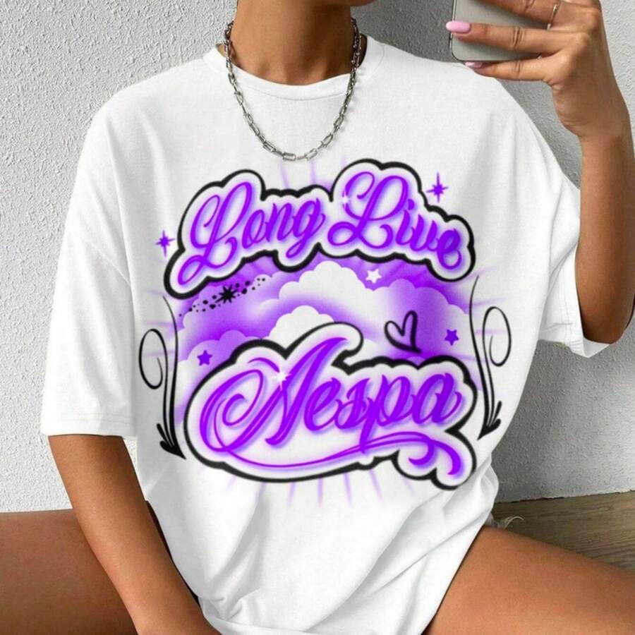 Long L AESPA Airbrush Graphic T-Shirt _ K-Pop Girls My World MY Karina Winter Ningning Gis - 白色 - 查看 1