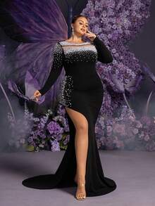 Faeriesty 大码女士黑色长袖鱼尾连衣裙，珍珠点缀镂空设计，高开衩剪裁 - 优雅正式的冬季派对、晚宴、婚礼宾客及鸡尾酒会礼服 - 黑色 - 查看 6