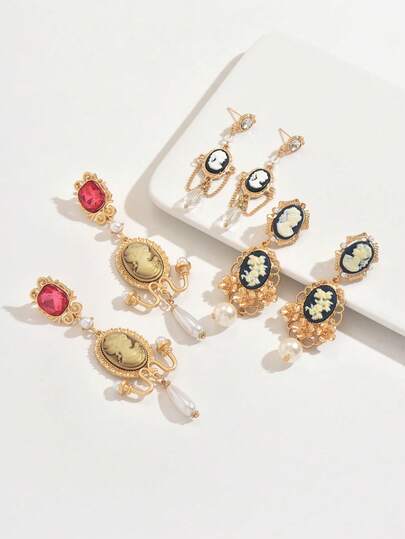 1pair Vintage Resin Cameo Portrait Drop Earrings Elegant Victorian Aesthetic Beautiful Head Charm Earrings For Women Everyday Wear, Festive Occasions, And As A Unique Gift