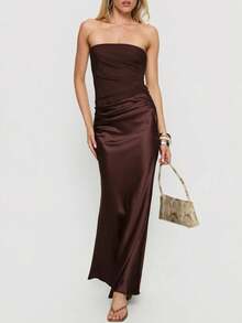 Đầm dạ hội màu trơn thanh lịch mới, xẻ tà xếp ly, dài không dây vai, thích hợp cho buổi tối, đám cưới, tiệc sinh nhật, hẹn hò mùa hè. - Cà phê nâu - Xem 3