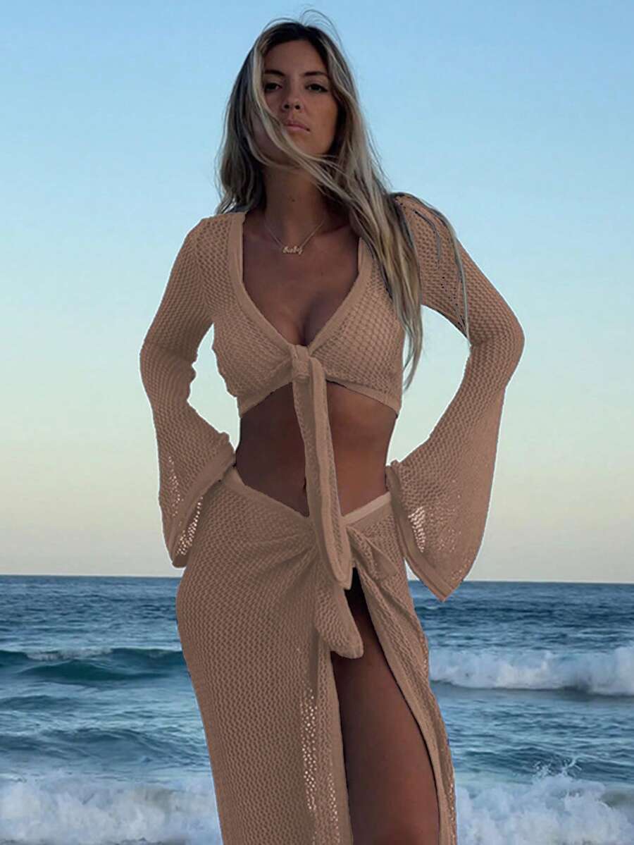 Women's Solid Color Sweetheart Neck Twist Long Sleeve Top And Skirt Set - Khaki - View 1