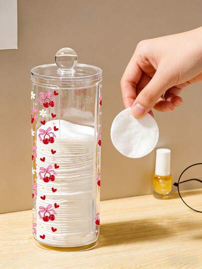 Transparent körsbärs- och hjärtmönster, cylindrisk förvaringslåda med stor kapacitet, tvättbar och lätt att rengöra. Lämplig för förvaring av små skönhetsredskap som bomullsrondeller, sminkborttagningsrondeller, bomullspinnar, dubbelögonlockstejp, skönhetssvampar och rengöringssvampar. Skrivbordsorganisatör.